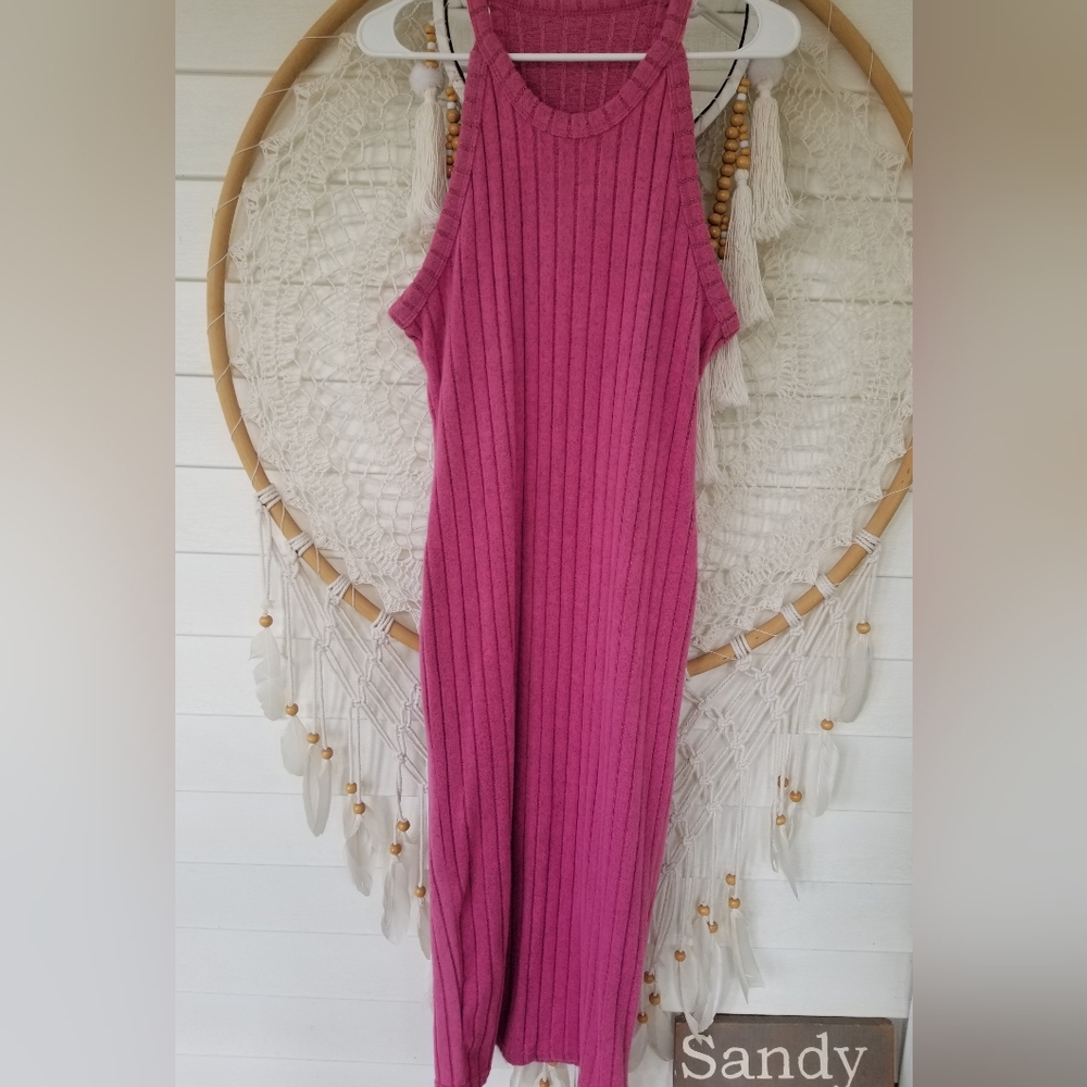 Elegant Ribbed Pink Heather Halter Knit Midi Dress Size Medium 8/10 Never Worn - Picture 3 of 5